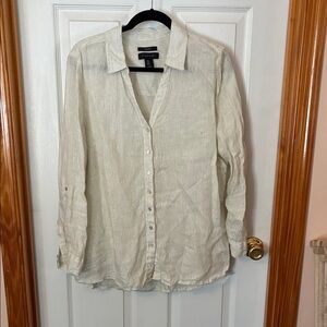 Tahari Plus Size 1X Linen Cream Striped Button-Down Shirt Top